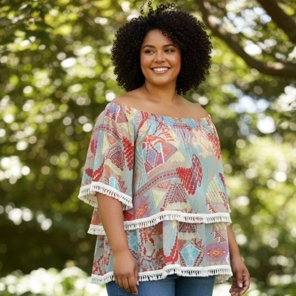 Multiples Women 1X Off Shoulder Tiered Tassel Fringe Tribal Geometric Tunic Top